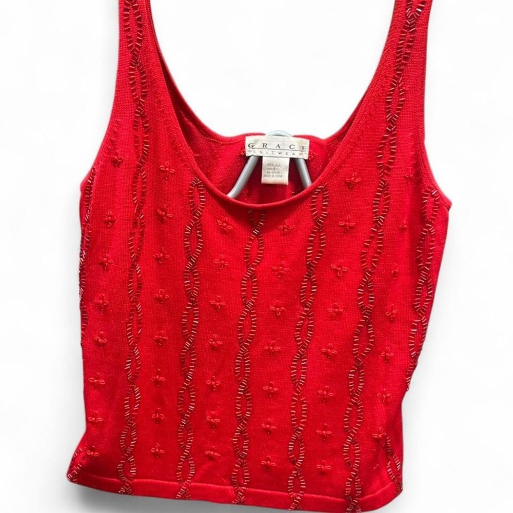 Women's red‎ beaded knit tank by Grace Knitwear size S (S3)
